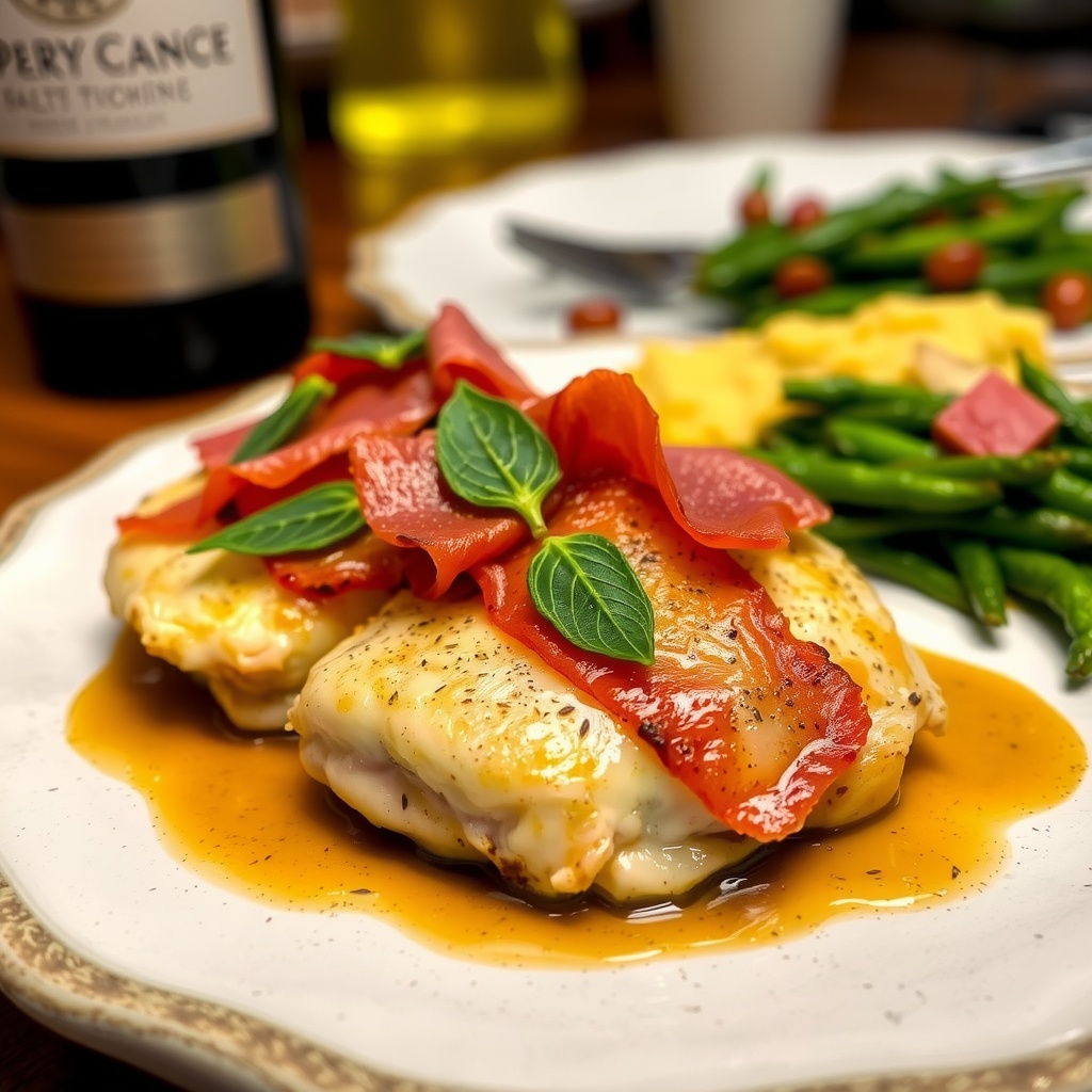 Plated Chicken Saltimbocca with prosciutto and sage, served with polenta and vegetables.